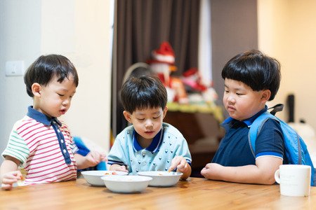 3 brothers are enjoying their favorite omelet before going to school.の写真素材