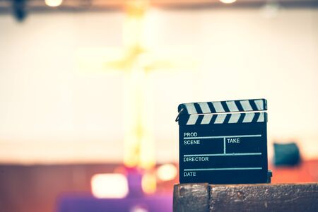 the church live streaming team is preparing program for The Christian sunday service or worship at the church: Church new normal concept.の写真素材