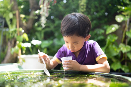 Boy feeding fish in a little garden.の写真素材
