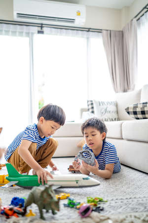 In the living area, brothers are playing with a variety of toys.の写真素材