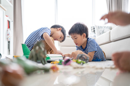 In the living area, brothers are playing with a variety of toys.の写真素材