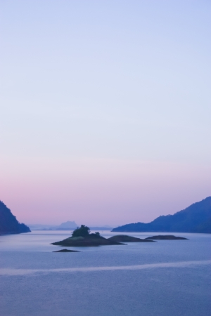 View of mountain lake at sunset,Thailandの写真素材