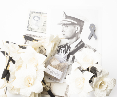 BANGKOK,THAILAND-MAY 21,2017-Picture and flowers to commemorate His Majesty King Bhumibol...