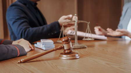 Close-up of legal consultation meeting with attorneys at desk, scales of justice and gavel in focus, paperwork in foreground, warm office light.