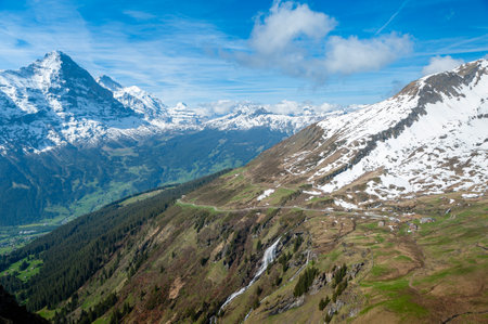 Panoramic view of the Swiss alps in summer, Switzerlandの写真素材