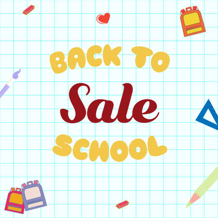 Inscription Back to School Sale. Banner, poster with school supplies on the background of a squared exercise book sheet.Poster forのイラスト素材