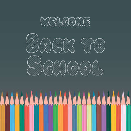 Poster, banner, postcard with chalk inscription Welcome Back to School, made on the background of the school board with colored pencils. School vector illustration.のイラスト素材