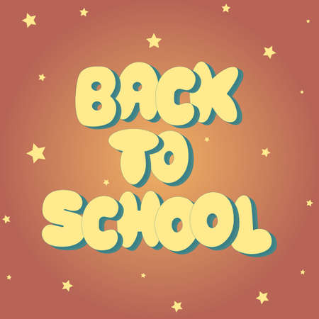 Bright children's inscription Back to school on a colored background decorated with stars. Sticker, badge, poster. Vector illustration.のイラスト素材