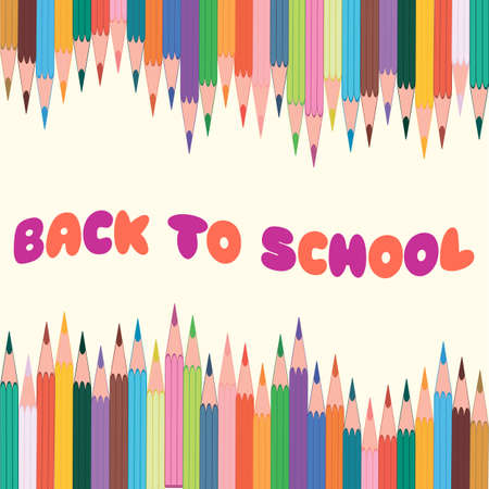 Bright illustration with colorful pencils and colored inscription Back to school. Template of school poster, poster or banner. Vector illustration.のイラスト素材