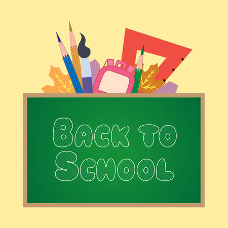 Colorful school poster with chalk inscription Back to school on the school blackboard. Against the background of school supplies with autumn leaves. Vector illustration.のイラスト素材