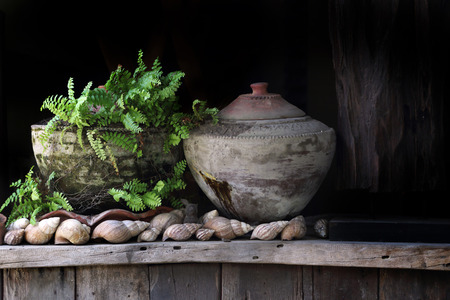 Ancient clay pot, Art of northern thailand.の写真素材