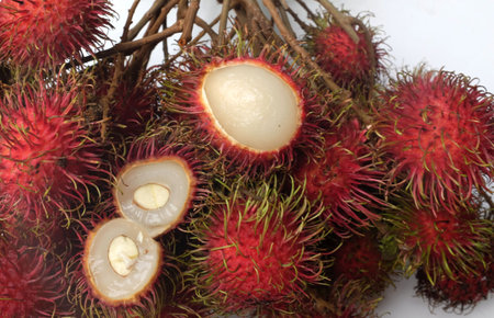 fresh ripe red rambutans (Nephelium lappaceum)whole and half  and green leaf .
Rambutan is a fruit with a red peel, white flesh, brown seeds. It has a sweet taste,の写真素材