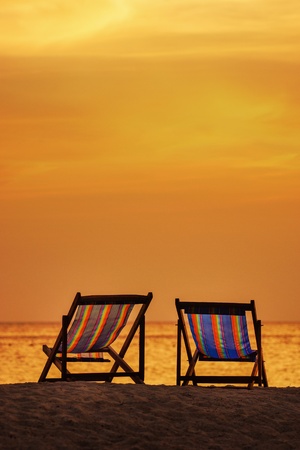 Two Beach Chairs at Sunsetの写真素材