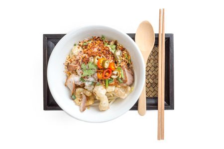 Thai Noodle with meat ball and crispy pork skinの写真素材