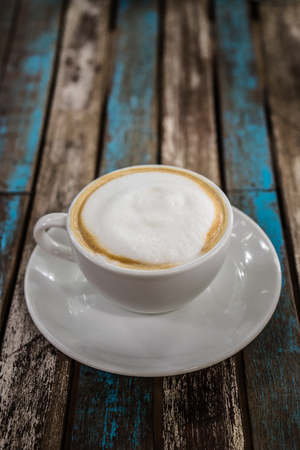 hot coffee on wooden tableの写真素材