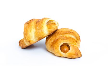 homemade croissant bread and sausageの写真素材