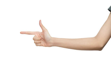 beautiful woman hand pointing isolated on white background