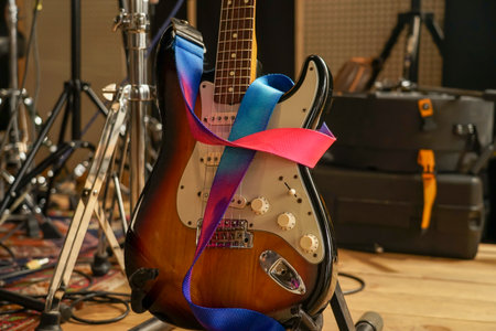 Electric guitar on stand in recording studio