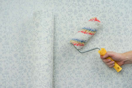 Hand holds a roller for painting the walls. Soft roller for wallpapering and textured applicationの写真素材