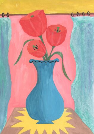 Watercolor still life of tulips in a vaseの写真素材