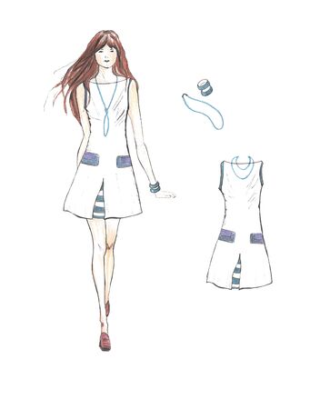 Fashion illustration Girl dresses on white backgroundの写真素材
