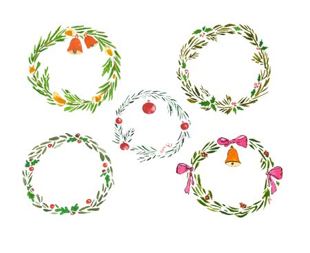 Watercolor set of christmas wreath on white backgroundの写真素材