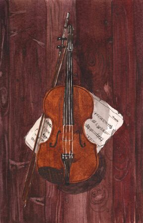 Watercolor illustration of a violin and notes on a brown wood backgroundの写真素材