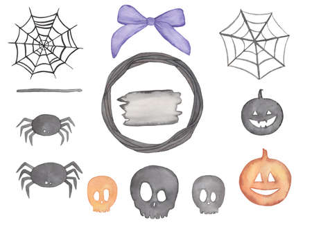Watercolor Halloween set with pumpkins, spider web, violet bow, skulls and branchesの写真素材