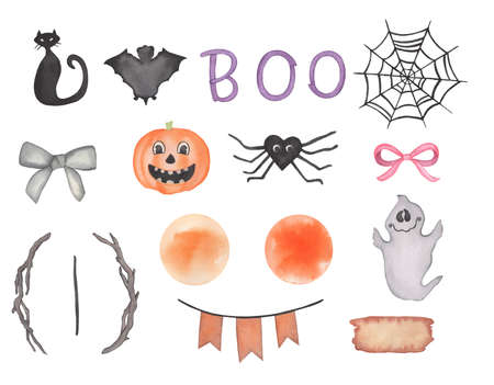Watercolor Halloween set with pumpkins, spider web, violet bow, skulls and branchesの写真素材