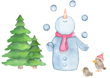 Watercolor hand drawn cute Snowman, snow, forest birds and Christmas tree.の写真素材