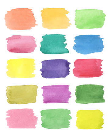 Watercolor hand painted rectangle shape design elements. Set of multicolored watercolor dotsの写真素材