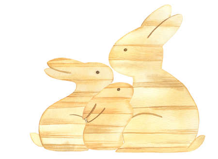 Easter wooden bunnies Family Watercolor illustration on white background.の写真素材