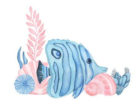 Watercolor Underwater composition with blue fish, sea shells, algae, sea urchin and corals isolated...
