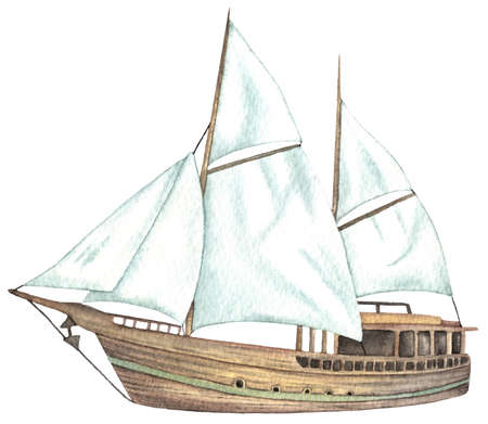 Watercolor Old Ship with white sail isolated on white backgroundの写真素材