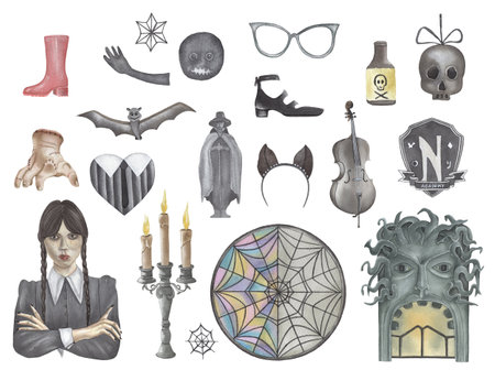 Watercolor Wednesday Addams Clipart, Nevermore Academy elementsの写真素材