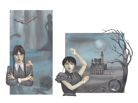 Watercolor Wednesday Addams Clipart, Spooky backgrounds with Addams family House and dark treeの写真素材