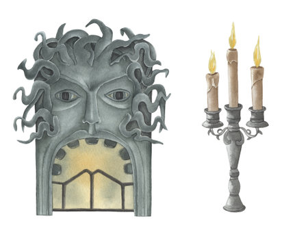 Watercolor Nevermore Academy Fireplace and old metal Candlestickの写真素材