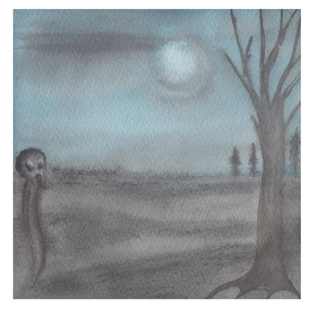 Watercolor Wednesday Addams dark background with monster and black tree silhouetteの写真素材