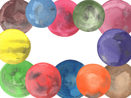 Watercolor set of hand painted colorful circles. Round spots, blobs, stains isolated on white.の写真素材