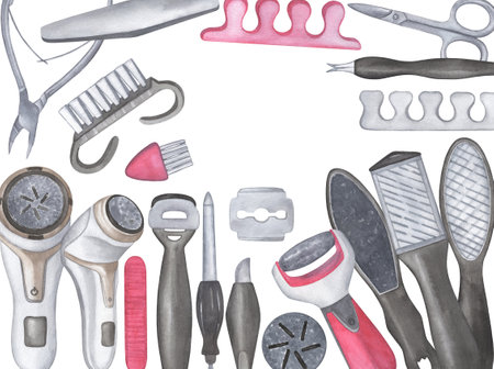 Set of pedicure tools. Watercolor illustration clipart isolated on white background.の写真素材