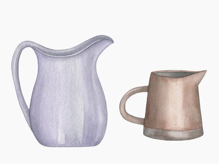 Watercolor vintage Ceramic Blue Jugs isolated on a white backgroundの写真素材