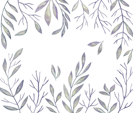 Watercolor Floral, watercolor blue branches and leaves Illustration. Hand painted isolated on white background.の写真素材