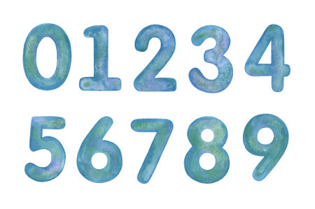 Hand painted watercolor blue numbers 0-9 isolated on a white background.