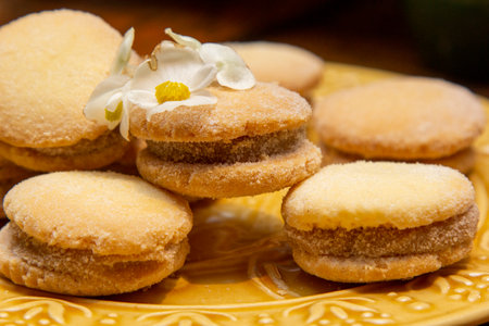 Casadinho Cookie - Traditional Brazilian biscuit stuffed with dulce de leche (sweet milk), a sweet made from milk.の写真素材