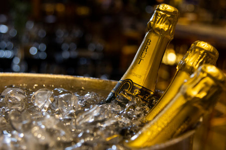 Brazil - Circa September, 2018: Bottles of champagne and sparkling wine in ice bucket at the restaurantのeditorial素材