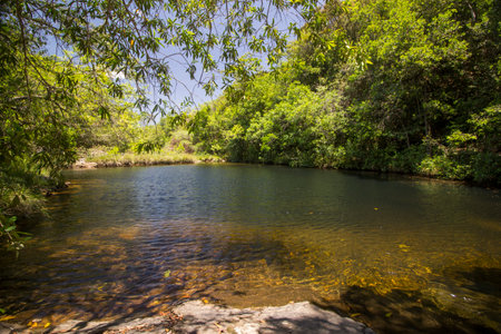 Beautiful lake in sunny day formed by waterfalls - Serra da Canastra National Park - Minas Gerais, Brazilの写真素材