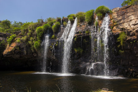 Beautiful waterfall in sunny day - Serra da Canastra National Park - Minas Gerais, Brazil - Jan, 2018.の写真素材