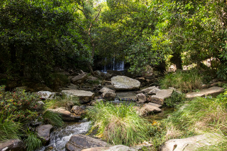 Water falls between rocks in sunny day - Serra da Canastra National Park - Minas Gerais, Brazilの写真素材