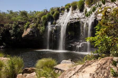 Beautiful waterfall in sunny day - Serra da Canastra National Park - Minas Gerais, Brazil - Jan, 2018.の写真素材