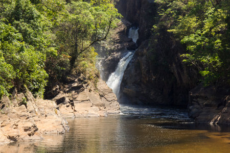 Beautiful waterfall in sunny day - Serra da Canastra National Park - Minas Gerais, Brazil - Jan, 2018.の写真素材